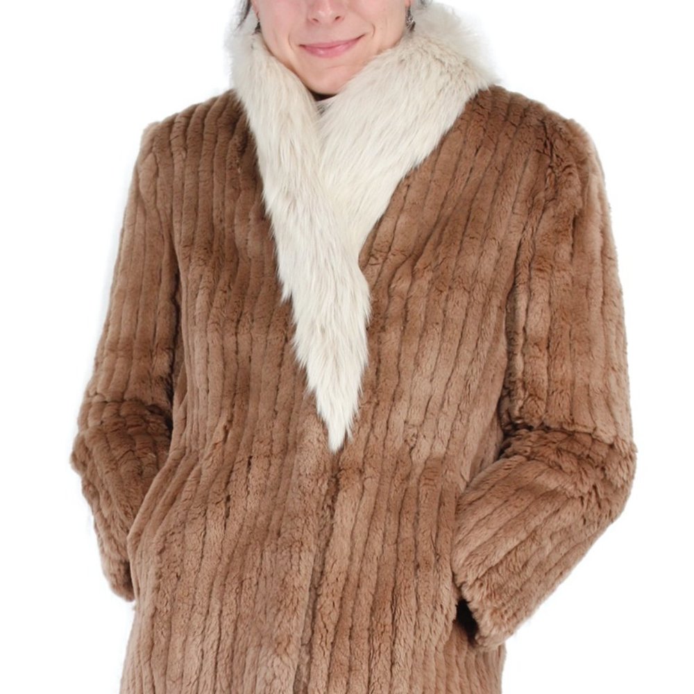 Tan Sheared Beaver Fur & Fox Fur Jacket, Corduroy Cut - Size Small/Petite